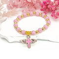 Pink Cross Bead Stretch Bracelet Gold Winged Cross Charm view 1