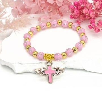 Pink Cross Bead Stretch Bracelet Gold Winged Cross Charm