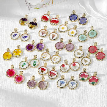 Gold Tone Round Birth-Flower Pressed Botanical Drop Earrings in Nineteen Designs