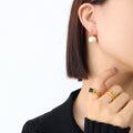 Large Round Faux Pearl Drop Earrings Gold Steel Tone view 2