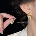 Gold Tone Irregular Open Frame Pearl Stud Earrings view 2