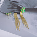 Green Flower Gold Chain Extra Long Tassel Stud Earrings view 4