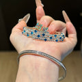 Silver Triple Row Blue Crystal Open Cuff Bangle Bracelet view 2