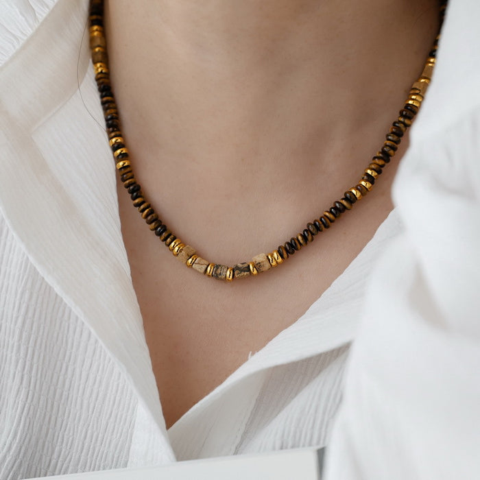 Brown Tiger Eye Heishi Bead Gold Cube Accent Necklace