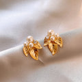 Gold Leaf And White Pearl Cluster Stud Earrings Statement Jewelry view 4