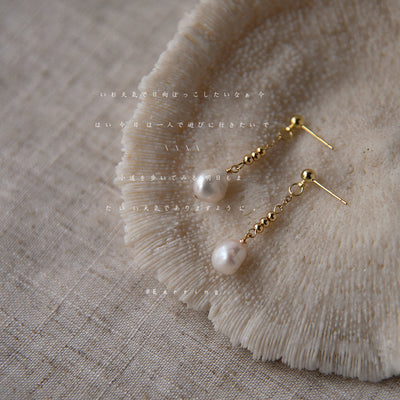 Gold-tone fine-chain white-pearl-like drop studs in the first product display.