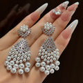 Silver Tone Crystal and Faux Pearl Chandelier Earrings view 3