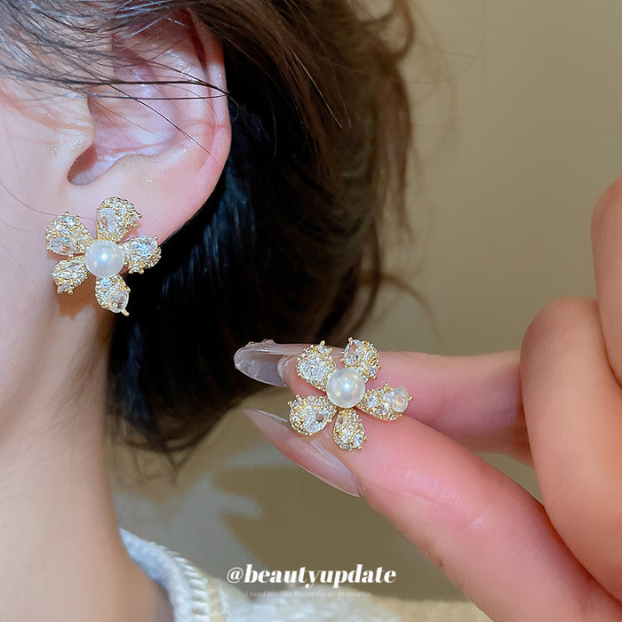 Gold Tone Crystal Flower And Pearl Cluster Stud Earrings