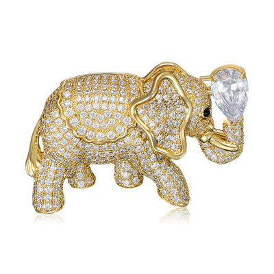 Gold white pavé crystal elephant brooch with clear teardrop stone