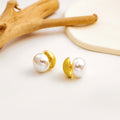 Gold Brushed Dome Front Back White Pearl Stud Earrings view 4