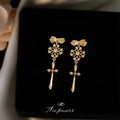 Gold Tone Bow Drop Earrings Lace Flower Cross Clear Stone Accents view 6