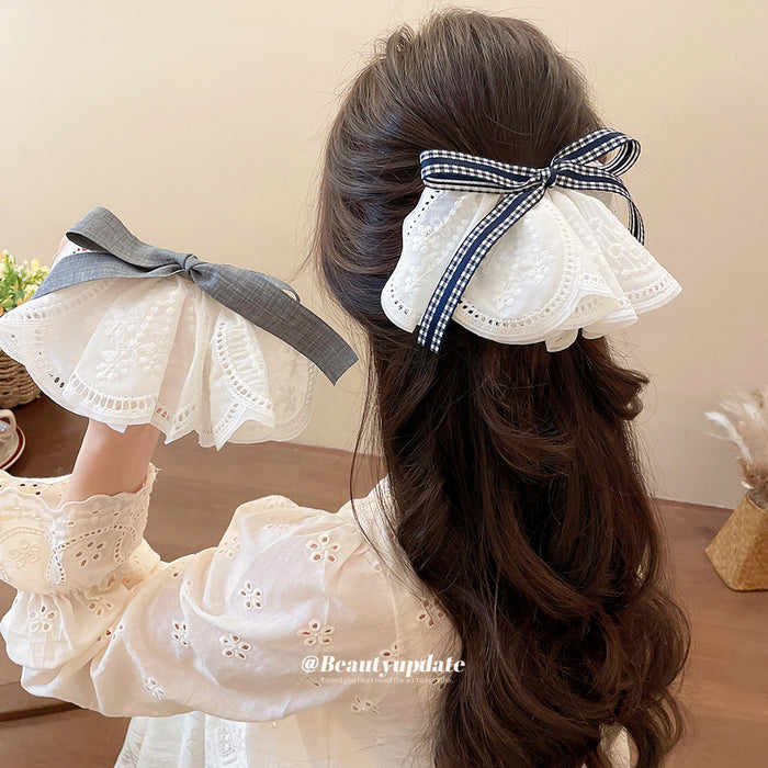 White Eyelet Lace Bow Spring Hair Clips Grey Gingham