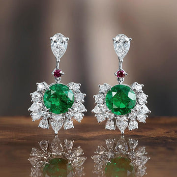 Silver Green Round Cluster Drop Earrings Pink Accents