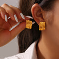 Ribbed Square Stud Earrings Gold And Steel Tone Metal view 2