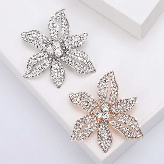 Six Petal Full Rhinestone Flower Brooch Gold And Silver
