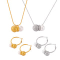 Gold Steel Hammered Ball Pearl Necklace Hoop Earring Set view 5