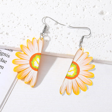 Silver Tone Daisy Acrylic Hook Earrings in Yellow and Blue