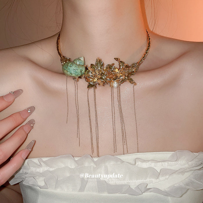 Gold Tone Floral Choker Necklace with Green Shell and Chain Fringe