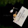 Asymmetric Gold Tone Rose And Baroque Pearl Drop Stud Earrings view 3