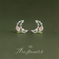 Silver Tone Clear Stone Crescent Pink Flower Green Leaf Stud Earrings view 1