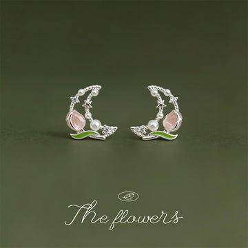Silver Tone Clear Stone Crescent Pink Flower Green Leaf Stud Earrings
