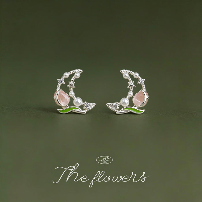 Silver Tone Clear Stone Crescent Pink Flower Green Leaf Stud Earrings