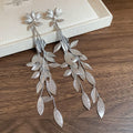 Silver Tone Layered Leaf Vine Long Drop Stud Earrings view 6