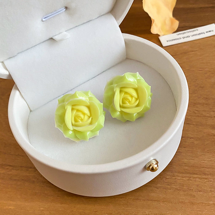 Lime Green Resin Rose Stud Earrings With Decorative Details