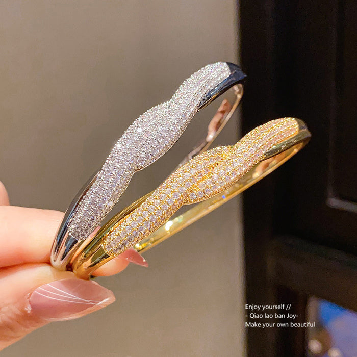 Pave Rhinestone Twist Wave Open Bangle Bracelets Two Tones