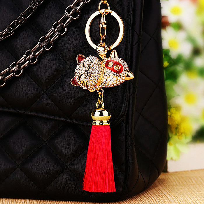 Jeweled Lucky Cat Tassel Keychains in Ten Bright Color Options