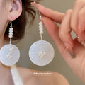Translucent Shell Disc and Pearl Bead Statement Drop Earrings view 1