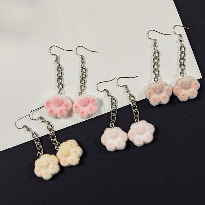 Flocked Cat Paw Chain Drop Earrings in Four Soft Colors