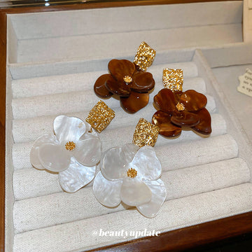 Translucent Flower Gold Square Statement Stud Earrings
