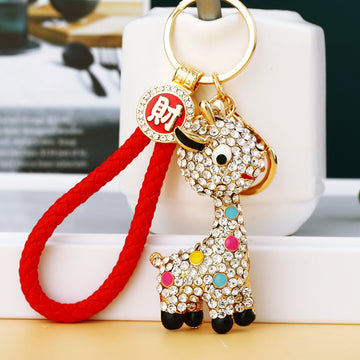 Jeweled Giraffe Keychains in White Pink and Blue with Braided Loops