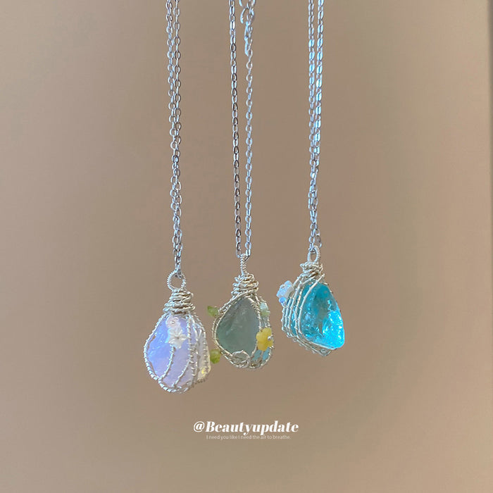 Wire Wrapped Pink Stone Pendant Necklace Silver Chain Drop