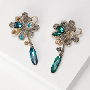 Crystal Flower Brooch with Green or Blue Teardrop Dangle