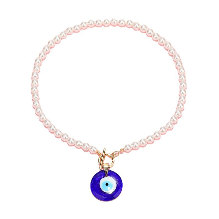 Faux Pearl Blue Evil Eye Pendant Necklace with Gold Tone Clasp