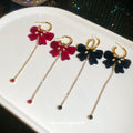 Flocked Bow Chain Tassel Earrings In Burgundy And Black view 2