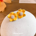 Yellow Enamel-Look Flower Stud Earrings with Crystal Centers view 2
