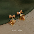 Brown Bow Stud Amber Glitter Heart Drop Earrings Pair view 1