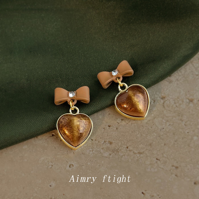 Brown Bow Stud Amber Glitter Heart Drop Earrings Pair