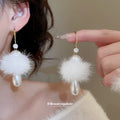 White Pom Pom and Faux Pearl Gold Tone Hook Earrings view 4