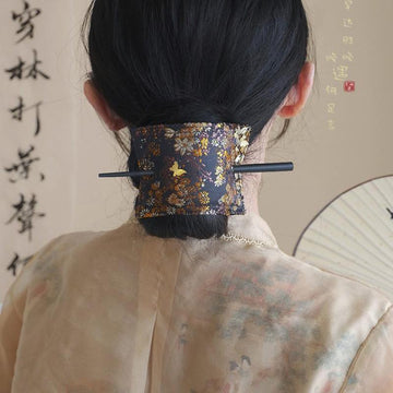 Dark Floral Brocade Square Hair Wrap With Black Hair Stick