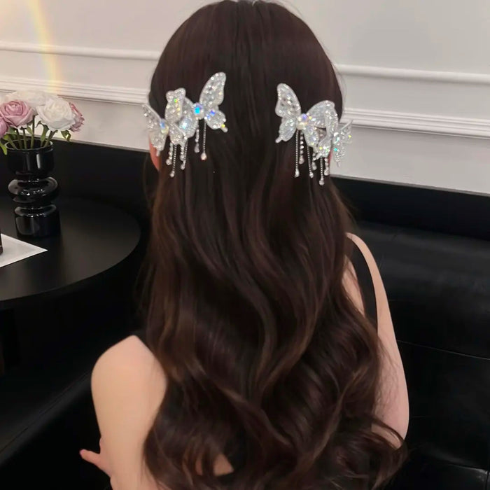 Silver Rhinestone Multi Butterfly Side Clips Pair Tassels