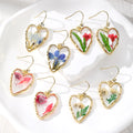 Gold Tone Heart Pressed Flower Resin Hook Earrings view 1