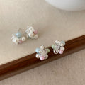 Pastel Pearl and Flower Cluster Stud Earrings in Silver Tone view 4