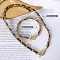 Black Leather Metal Weave OT Toggle Necklace Bracelet view 2