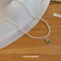 Layered Pearl Necklace with Green Teardrop Pendant view 4