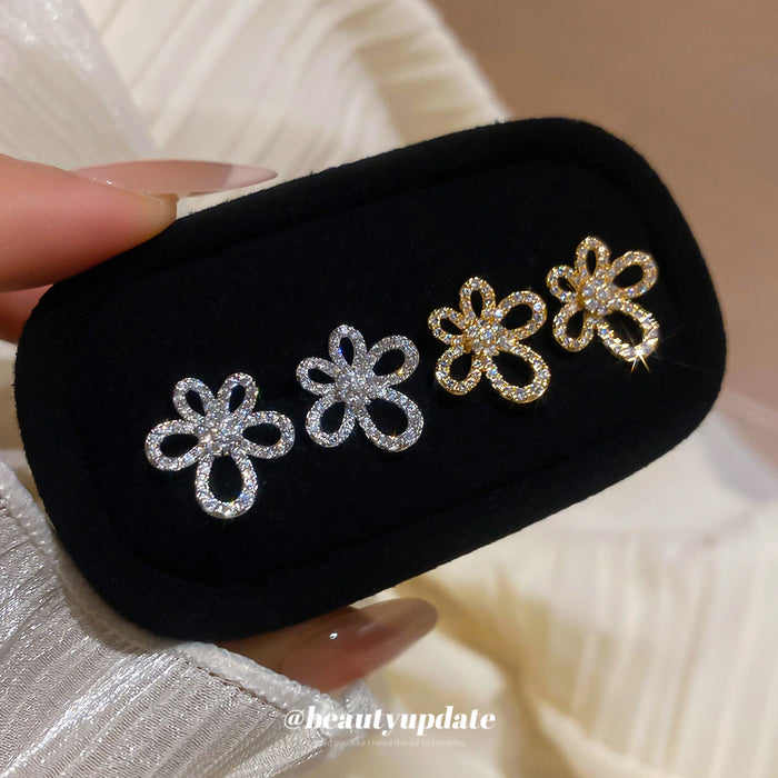 Crystal Outline Flower Stud Earrings in Silver and Gold