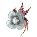 Fabric Flower Phoenix Brooch With Faceted Crystals And Polished Metal Details view 2